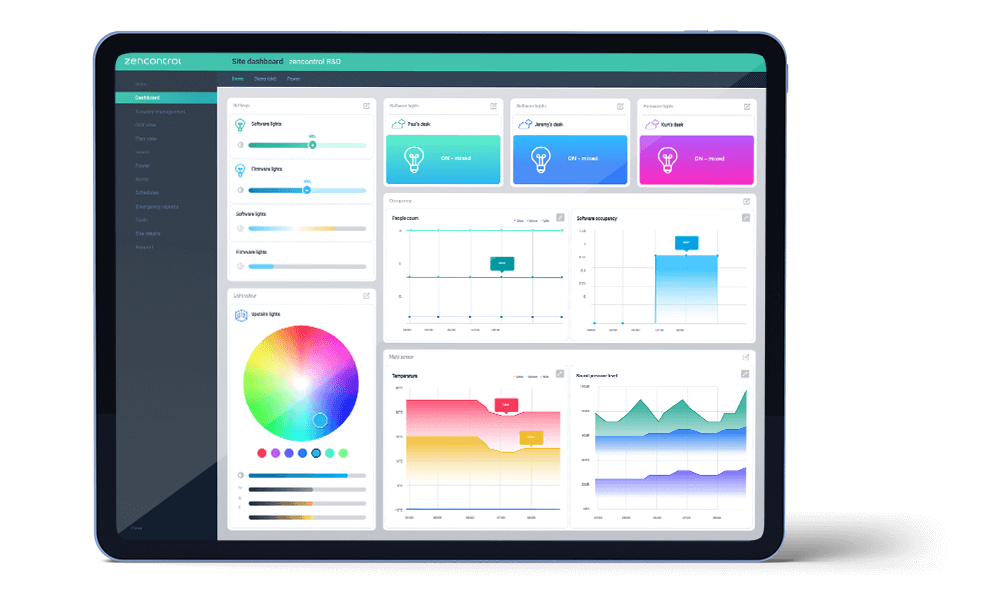 zencontrol dashboard on a tablet, showing lighting controls and site analytics