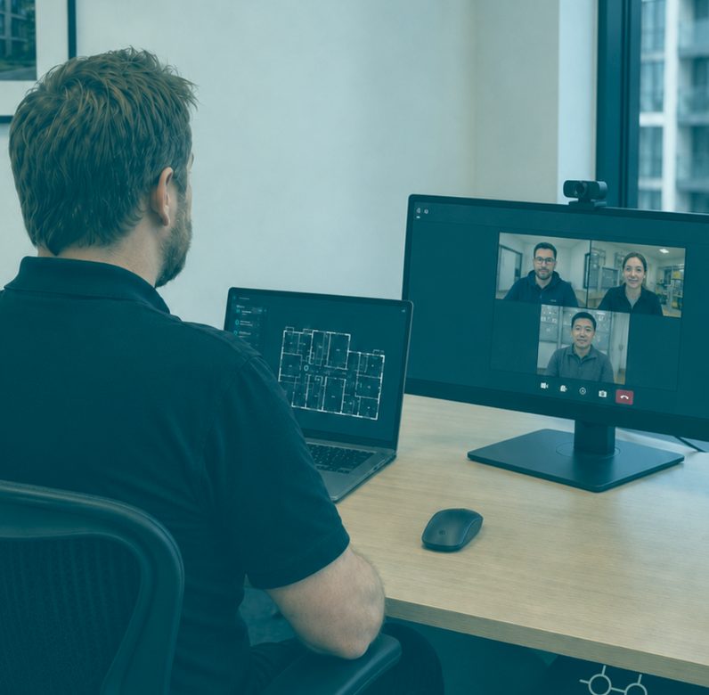 An integrator on a Microsoft Teams video call, viewing a floor plan on a laptop